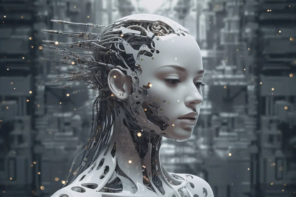 Conversational AI, conclusion image depicting a robot woman made from prompts