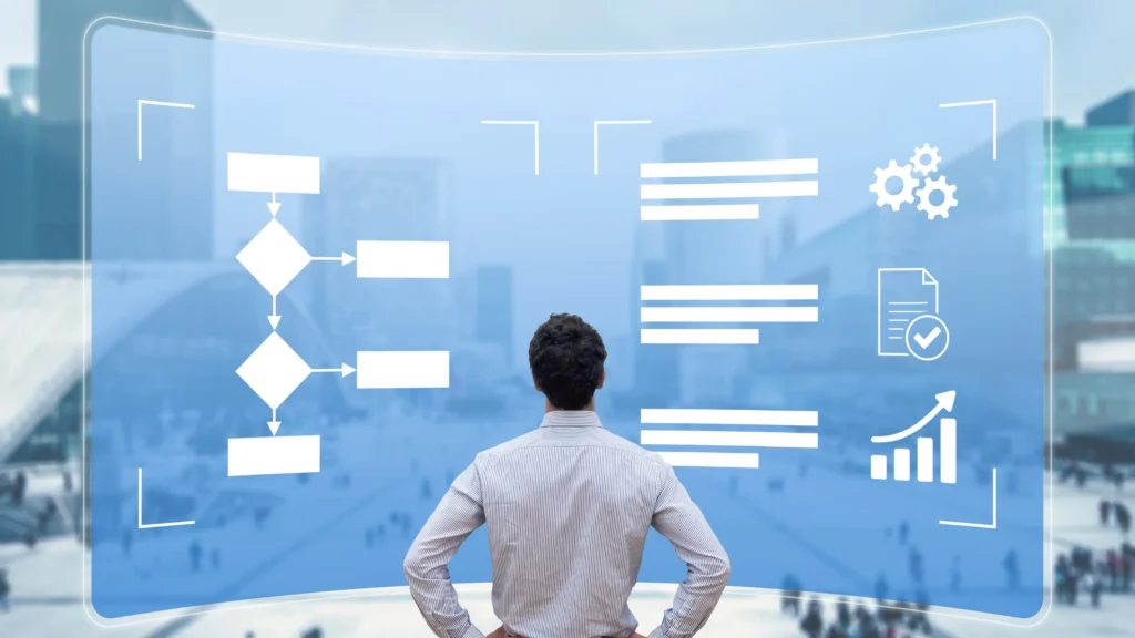 Depicting Implementation of NLP though a man looking at a giant screen with graphs implementing NLP techniques on a WordPress site