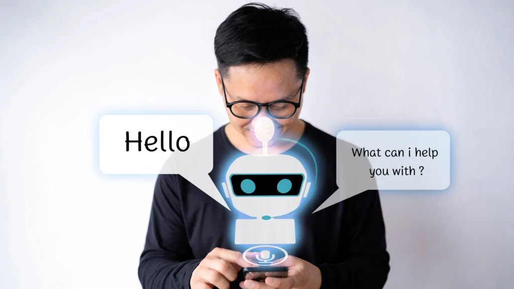 Chatbots for Better Customer Experiences image illustrating a man playing around with a chatbot on his phone