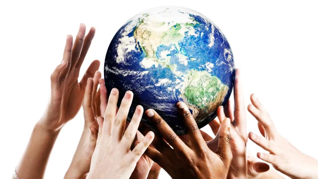 Mastering NLP image illustrating several hands reaching for earth's globe incorporating language translation for global reach